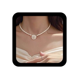 Allereya Vintage Pearl Necklace Pearl Camellia Choker Necklace Flower Camellia Pendant Necklace Faux Pearl Choker Necklace Jewellery for Women and Girls