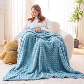 NEWCOSPLAY Super Soft Throw Blanket Blue Premium Silky Flannel Fleece 3D Waffle Checkered Lightweight Bed Blanket All Season Use (Blue, Throw(50"x70"))