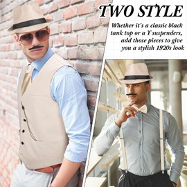 Hercicy 1920s Mens Costume Accessories Outfit Set, Gangster Vest Hat Suspenders Vintage Pocket Watch 20s Clothing(Large,Beige)