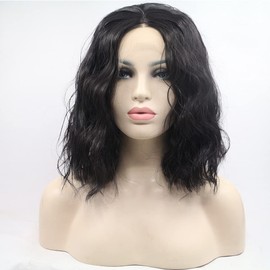 Xiweiya Lace Front1B Black Wig Bob For Women Micro Curly Synthetic Wigs Heat Resistant Short Hair Cosplay Wig Natural Hairline Half Hand Tied Replacement Summer Wigs 14 Inches