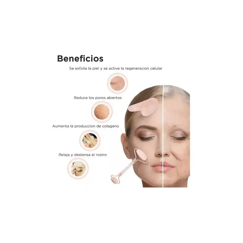 Guasha De Cuarzo Rosa Y Rodillo Para Masaje Facial