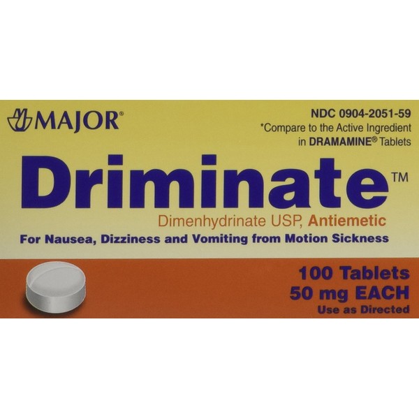 Driminate Generic for Dramamine Motion Sickness 50 mg Anti Nausea 100 ea PACK of 3