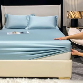 Geuz Bamboo Fitted Sheet 160 x 200 cm Blue Light Blue Antibacterial Soft Fitted Sheets Cooling Bamboo Box Spring Bed Sheet Fitted Sheet 160 x 200 cm for High Mattresses up to 15-30 cm