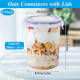 LDHHYH 8 Pack 24oz / 700ml Plastic Overnight Oats Containers with Lids, Leak Proof Oats Jars, Airtight Oatmeal Container, Portable Food Storage Container for Oatmeal, Yogurt, Soup, Cereal, Milk