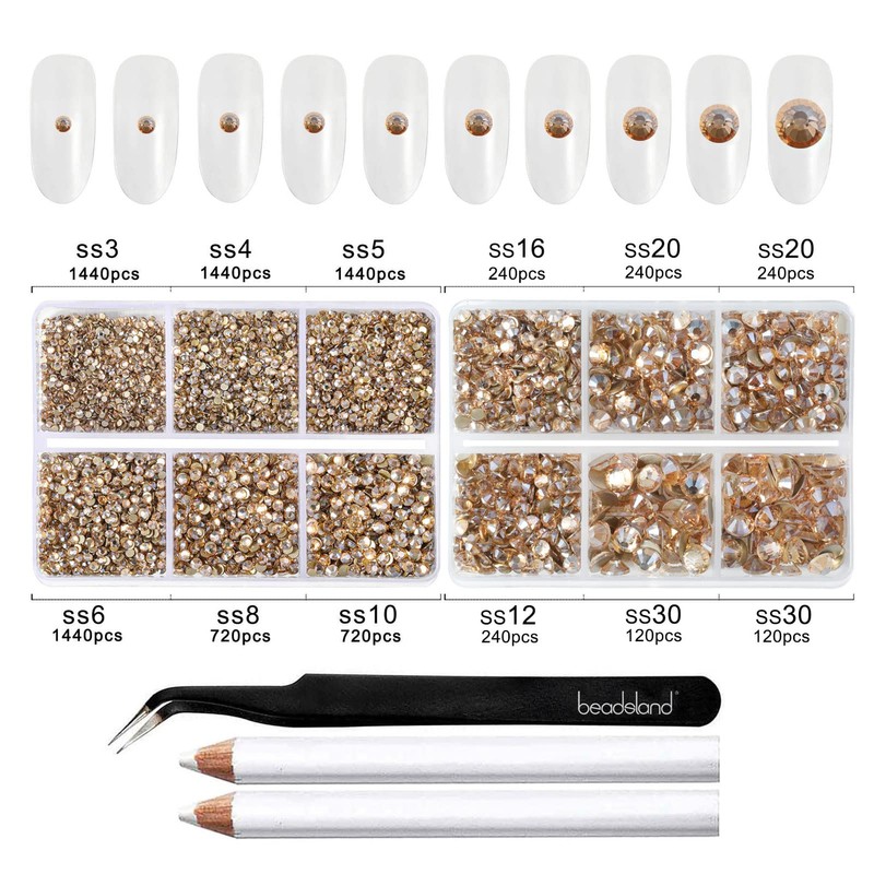 Beadsland Flatback Nail Rhinestones,Golden Shadow,Mixed 10 Sizes 8300PCS