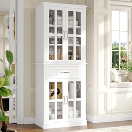 Fotosok 71'' Tall Kitchen Cabinet with Glass Doors and Drawer, Freestanding Food Pantry with Adjustable Shelves for Dining Living Room, White