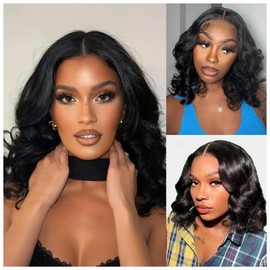 Loose Deep Wave Lace Front Bob Wigs 100% Human Hair Pre Plucked Pre Cut Body Wave 4x4 Transparent Lace Closure Wigs Wear and Go Glueless Wig for Black Women Body Wavy Curly Wig Natural Color 14 Inch