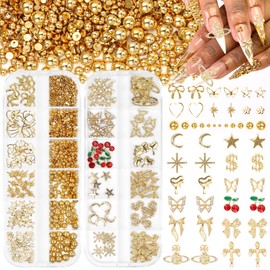 2 Boxes Alloy Gold Nail Charms, 3D Butterfly Star Cherry Nails Gems Charms, Mixed Shapes Golden Bows Heart Star Nail Studs Gold Flatback Pearls Beads for Nails Art Design DIY Accessories