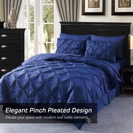 HAOK Bed in a Bag Set - 6 Pieces Pinch Pleat Bedding Comforter Sets, Pintuck Microfiber 500GSM Down Alternative Twin Comforter Set (Navy, Twin)