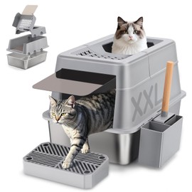 Stainless Steel Cat Litter Box with 110° Flip-Top Lid, XXL Large Enclosed Metal Litter Box for Big Cats with Scoop & Pedal, Removable Lid -Odor Control, Non-Stick Surface, Front Entry Top Exit (Grey)