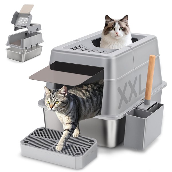 Stainless Steel Cat Litter Box with 110° Flip-Top Lid, XXL