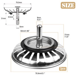 2 Pack Kitchen Sink Strainer Plug, Stainless Steel Push Style Plug for Sink Drainer Waste Plug Basket Strainer and Plug Replacement for Kitchen Sink (Plug Dia-79.3mm)
