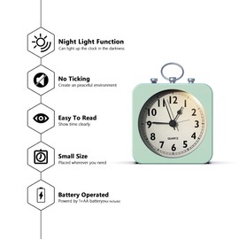 AYRELY® Battery Operated Alarm Clock with Square Metal Case,No Ticking Analog Quartz, Simple Operation for Bedroom/Travel/Desk/Kids(Green)