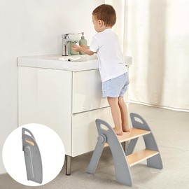 Wooden 2 Step Stool for Kids Bathroom Sink Foldable Anti-Slip 2-Step for Toilet Potty Training, Child Stepping Stool for Kitchen Nursery Bedroom, Sturdy Non Slip Adult Stool for Closet Grey