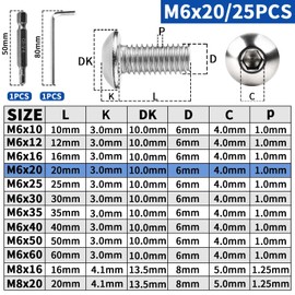 XRXYMQ Pack of 25 Rounded Head Screws M6 x 20 mm Flat Head Screws Hexagon Socket 304 Stainless Steel Screws Round Head Screws Full Thread Machine Screws for Furniture Installation Wood Mounting