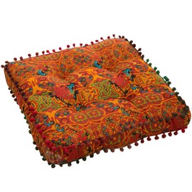 Huierxun Moroccan Printed Square Chair Pads Cotton Linen Soft Comfort Chair Cushion Colorful Pompom Seat Cushions for Indoor Dining Room and Kitchen Chairs (Blue,16x16 Inch)