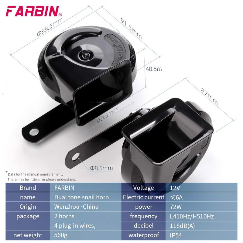 FARBIN Car Horns 12v Loud Dual-Tone Auto Snail Horn Electric