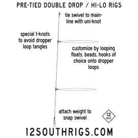 10 Pack Pre-Tied Double Drop Hi-Lo Surf Bait Bottom Fishing Leader Rigs Hand-Tied with T-Knot (20LB Mono)