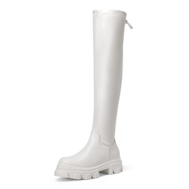 DREAM PAIRS Women's Over The Knee Platform Thigh High Boots Long Stretch Soft Chunky Lug Sole Fall Boots,Size 9,White/Pu,SDOB222W