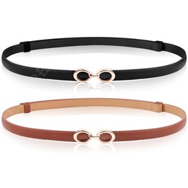 EIOKBECY 2 Pack Women's Skinny Leather Belt, Ladies Adjustable Thin Waist Belts with Gold Buckle Waistband Decorative Belt for Dress Pants Jeans