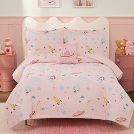 Wink Deer Full Size Comforter Set for Girls-4 Pieces Space Glow in The Dark Full Bedding Sets for Kids, 1 Comforter, 2 Shams and 1 Decor Pillow