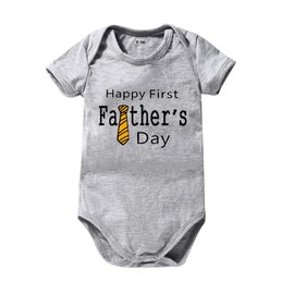 Happy 1st Father’s Day Baby Romper Bodysuit Outfit for Newborn Infant Baby Boys Girls Summer Short Sleeve Cotton Romper(Grey Necktie,3-6M)