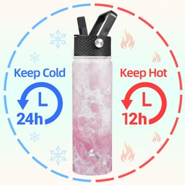 Konokyo 22oz Stainless Steel Water Bottles With 3 Lids Sport Insulated Water Bottle,Marble Blossom