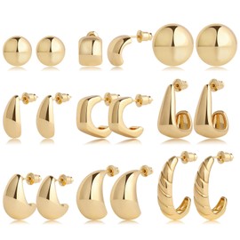 9 Pairs Gold Hoop Earrings Set for Women 14k Real Gold Plated Huggie Earrings Hypoallergenic Chunky Twisted Thick Jewelry for Multiple Piercing (Gold Hoop 022)