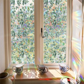 Aomkmi Stained Glass Window Film Eucalyptus Leaves Privacy UV Resistant Removable Static Cling Rainbow Decals Sun Blocking for Bedroom Living Room 17x78.74 Inch