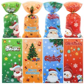 50 PCS Colorful Christmas Cellophane Treat Bags with Twist Ties,Santa Snowman Elk Christmas Tree Gift Bags Kids Goodie Candy Bags Cookie Chocolate Snack Packing Bag for Christmas Party Favor