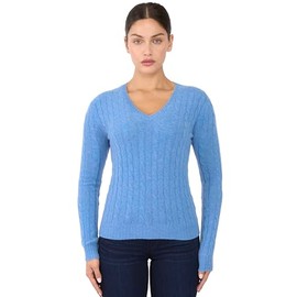 JENNIE LIU Women's 100% Cashmere Cable-Knit Long Sleeve Pullover V Neck Sweater (Ocean Heather, Medium)