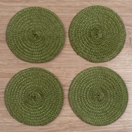 Round Braided Woven Polypropylene Plastic Coaster Set of 4 (Mossy Green)