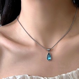 TseanYi Blue Teardrop Crystal Necklace Waterdrop Blue Pendant Necklace Boho Blue Crystal Pear Necklace Minimalist Silver Chain Necklace Jewelry