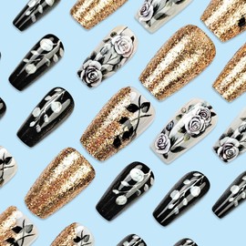 24 Pcs Medium Length Coffin Press on Nails Black Fake Nails Glitter Designs False Nails Spring Summer Flower Acrylic Full Cover Glue on Nails for Women Girls