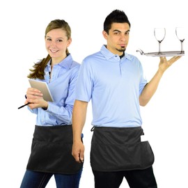 Mato & Hash Double sided 3 Pocket Waist Apron with Pen Holder | Waterproof Apron for Severs, Bartenders, Cooking, Crafts 3PK Black CA3900