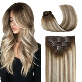 COOKAYU Clip in Hair Extensions Real Human Hair, 18inch 120g 7Pcs 3/8/22 Walnut Brown to Ash Brown and Blonde Hair Extensions Clip in Human Hair Thick Silky Straight Extensions