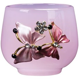 WAYUTO Kung Fu Tea Cup Pink Chinese Celadon Porcelain Traditional Tea Cup Glazed Asian Tea Cups No Handles Enamel Japanese Tea Cup Jade Color Embossed Handmade Colorful 3 oz Butterfly Pattern