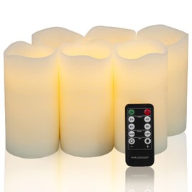 H-BLOSSOM Flameless Candles Battery Operated Real Wax Pillar LED Candles with 10 Key Remote Control Cycling 24 Hours Timer Set of 6 (3" x 6" Remote)