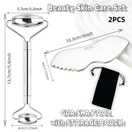 Tileu Stainless Steel Face Roller & Gua Sha Bundle-Facial Massage Tools, Metal Tool Set for Body Face Neck Eye and Skin Care, Muscle Scraper with Travel Pouch,Sculpting Lymphatic Drainage gift