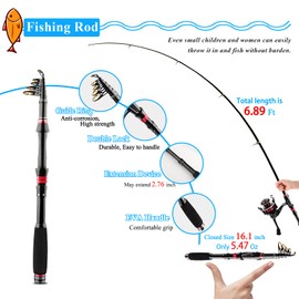 Fishing Rod and Reel Combos, 2PCS 2.1m/6.89ft Fishing Pole Combo Set, Carbon Fiber Telescopic Fishing Rod Kit with Spinning Reels, Fishing Line, Lures, Hooks and Carrier Bag for Youth Adults Beginner