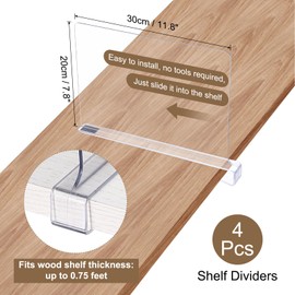 uxcell 4pcs Shelf Dividers for Closet Organization, PET Clear Closet Shelves Dividers for Clothes Purse Bookshelf, Shelf Organizer for Wood Closet Separator