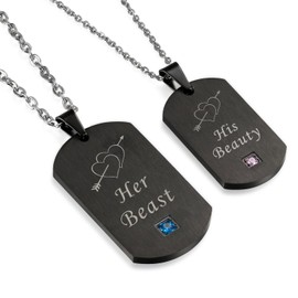 Flongo Couples Partner Pendant Necklace Set, Zirconia Stainless Steel Necklace Chain with Engraving Crown, Dog Tag, Black Silver Partner Chains for Men, Women, Stainless Steel, Cubic Zirconia