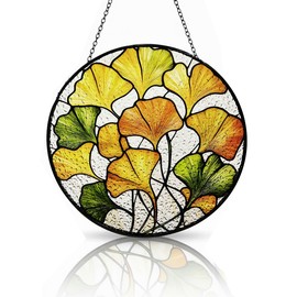 Ginkgo Leaf Stained Glass Window Hanging, 7.8''Yellow & Green Ginkgo Stained Glass Suncatcher for Window & Home Autumn Garden Decor Plant Sun Catcher Fall Gift for Women & Plant Lovers