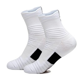 Yoknatt 2 Pack Womens White Performance Elite Basketball Socks Ankle Athletic Socks for Mens Youth Boys Girls Crew Socks Cushioned Compression Football Golf Running Cycling Socks