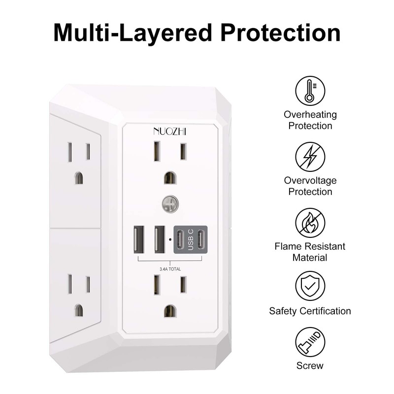 Outlet Extender Surge Protector - NUOZHI 6 Outlet Splitter with