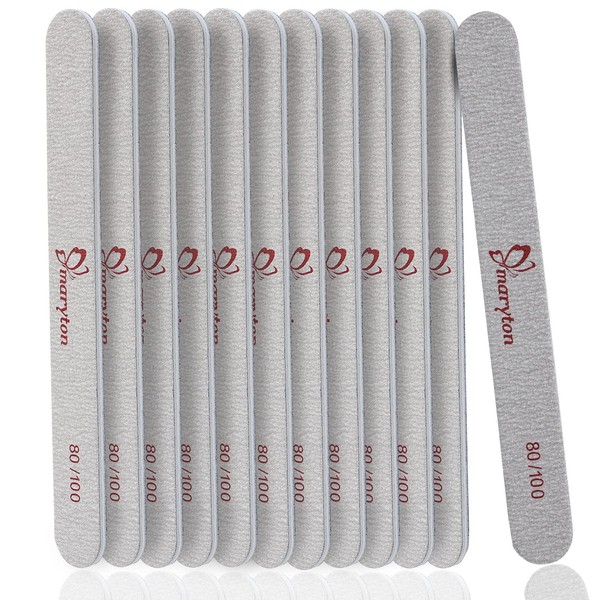 Maryton Coarse Nail File 80/100 Grit Emery Boards for Poly Gel Acrylic Nails, 12 PCS Professional Double Sided Wood Finger Nail Files Set Manicure Tools