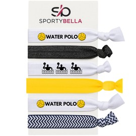 Water Polo Hair Ties Set – 6pc No-Crease Elastic Ponytail Holders with Water Polo Text, Icon, Chevron, and Yellow Band Designs, Black Glitter Included, Accessories for Girls or Athletes