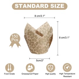 uxcell 150 Pcs Tulip Baking Cups Cupcake Muffins Liners Paper Greaseproof Wrappers for Wedding Birthday Party Festivals Christmas, (Flower, Brown)