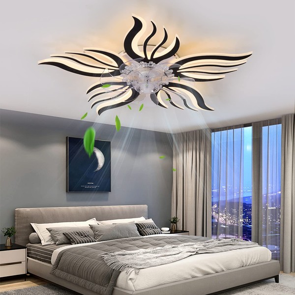 HUEOCZW Ceiling Fans with Lights and Remote，27" bladeless Ceiling Fan with 6 Wind speeds 3 Colors Switching，Low Profile Ceiling Fan for Bedroom with Smart Timing 50W (Black)