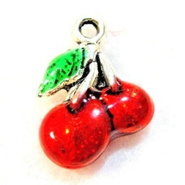 10-Pcs. Silver Enamel Cherry Charms Pendants Earring Drops Findings GF20A - Jewelry Making DIY Crafting Charm Beads for Bracelets